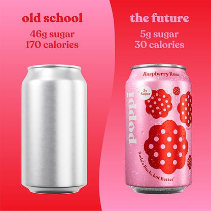 Poppi Sparkling Prebiotic Soda Beverage with Apple Cider Vinegar, Seltzer Water and Fruit Juice, Raspberry Rose Flavor, 12 oz, Pack of 12, Packaging May Vary