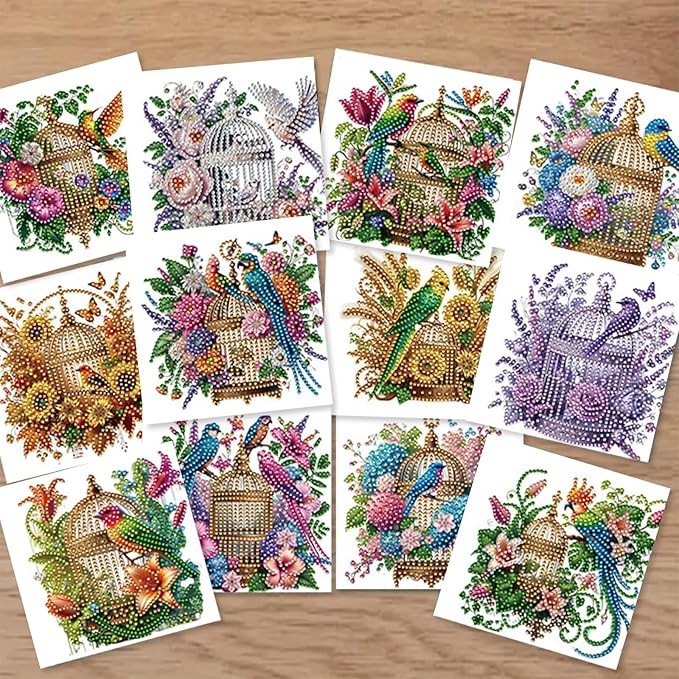 jinglinhh 12pcs Parrots Flower Birdcage Diamond Art Painting Greeting Cards with Envelopes, DIY Card Making Kits for Adults, Diamond Art Christmas Cards for Birthday Holiday Postcards Craft Gifts
