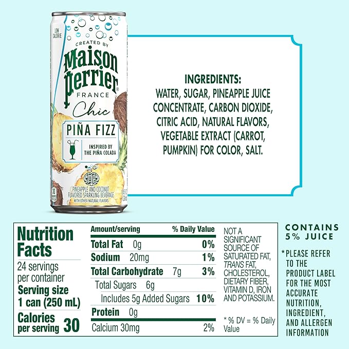 Maison Perrier Chic Pina Fizz Pineapple and Coconut Flavored Sparkling Beverage, Low Calorie, Mocktail, 24-Pack