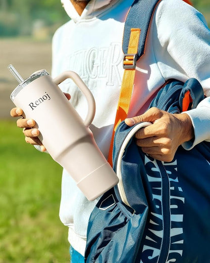 Renoj Tumbler with Handle 100% Spill Resistant Insulated Water Bottle for Iced Coffee & Hot Drinks - Fits Car Cup Holder, Ideal Gift, 2 Straws & Silicone Boot BPA-Free - FlexSlide White 32 oz
