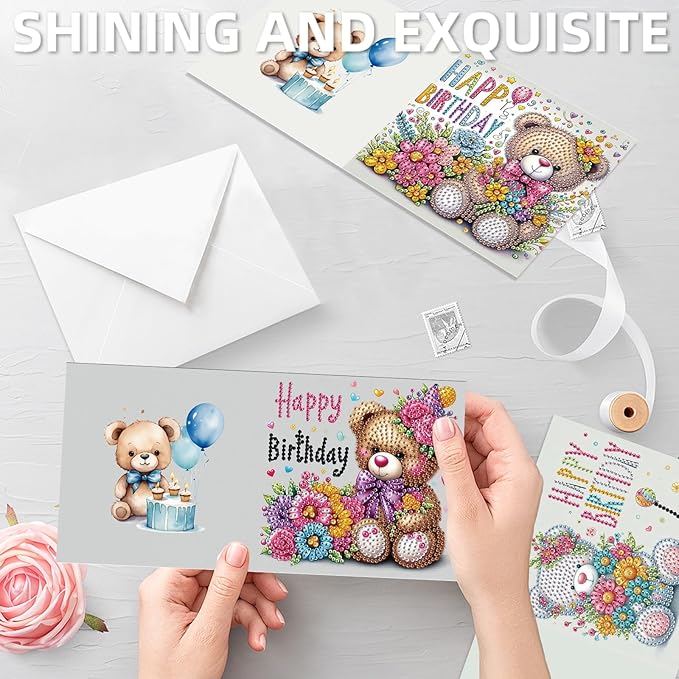 jinglinhh 12pcs Diamond Art Painting Birthday Bear Elephant Giraffe Flower Balloon Greeting Cards with Envelopes, DIY Card Making Kits for Adults, Diamond Art Postcards Christmas Cards Craft Gifts