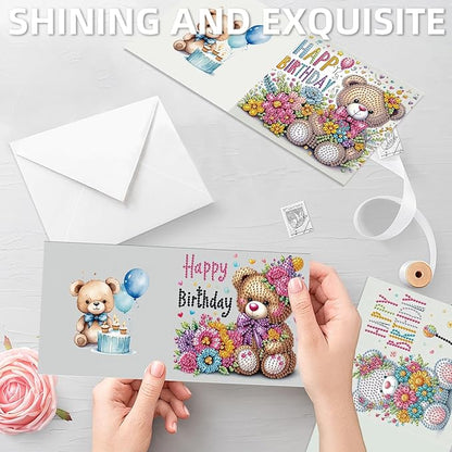 jinglinhh 12pcs Diamond Art Painting Birthday Bear Elephant Giraffe Flower Balloon Greeting Cards with Envelopes, DIY Card Making Kits for Adults, Diamond Art Postcards Christmas Cards Craft Gifts