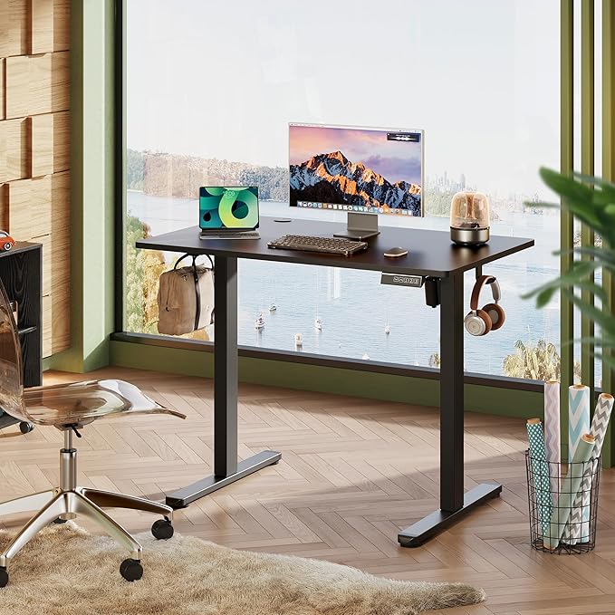DEVAISE Whole Piece Standing Desk, 48 x 24 Inch Electric Standing Desk with Adjustable Height,Cable Holes, 3-Preset Memory Sit Stand up Desk, One Piece Desktop Computer Desk for Home, Office (Black)