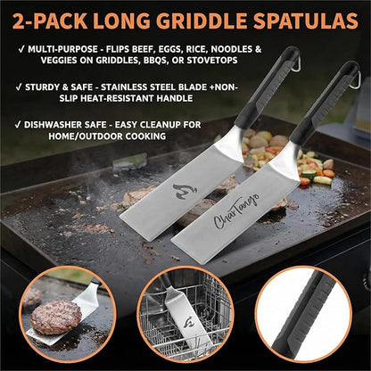 Blackstone-Compatible 5-Piece Griddle Spatula Set - 3mm Heavy-Duty Stainless Steel Tools w/ Scraper & 2 BPA-Free Oil Bottles - Fits Blackstone/Camp Chef - Ideal for Hibachi, Camping BBQ & Grill Gift