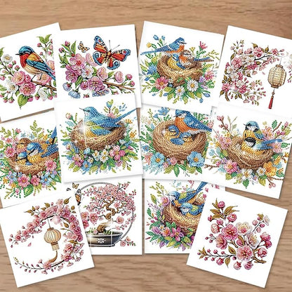 jinglinhh 12pcs Diamond Art Painting Bluebird Flowers Greeting Cards with Envelopes, DIY Card Making Kits for Adults, Diamond Art Christmas Cards for Birthday Holiday Postcards Craft Gifts