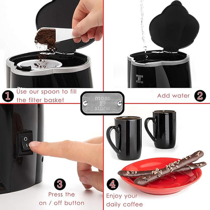 Moss & Stone Mini Drip Coffee Maker with Mug (5 oz Mugs), Small Coffee Pot With 2 Coffee Cups, Mini Coffee Maker (2 Drip & 2 Mug)
