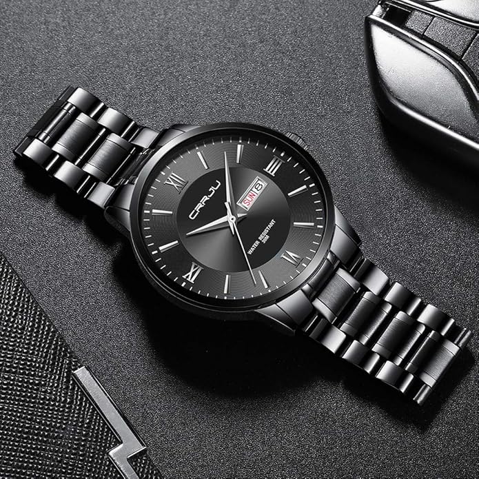 CRRJU Men's Fashion Luxury Stainless Steel Watches for Men Business Auto Date Chronograph Analog Quartz Wristwatches