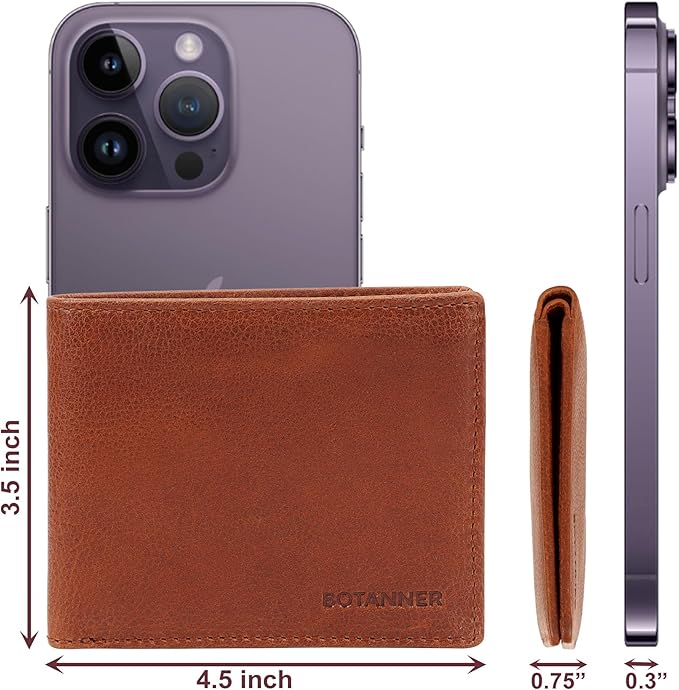 Genuine Leather Mens Bifold Wallet Slim RFID Blocking 5 Credit Card Slots 1 ID Window 2 Sections for Bills 2 Additional Slots | Tan