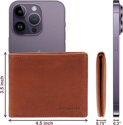 Genuine Leather Mens Bifold Wallet Slim RFID Blocking 5 Credit Card Slots 1 ID Window 2 Sections for Bills 2 Additional Slots | Tan