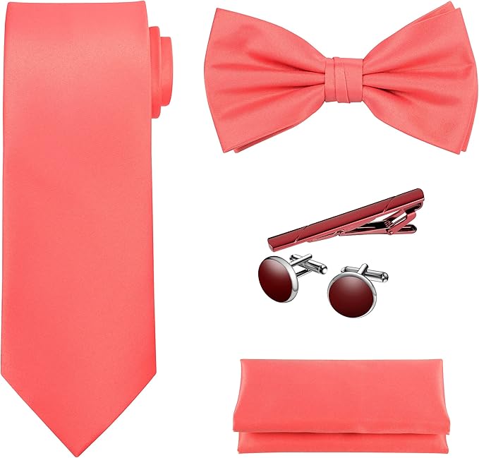 TIE G 5pcs Tie Set in WHITE OR BLACK GIFT BOX: Solid Color Necktie, Satin Bow Tie, Pocket Square, Lapel, Cuff Links