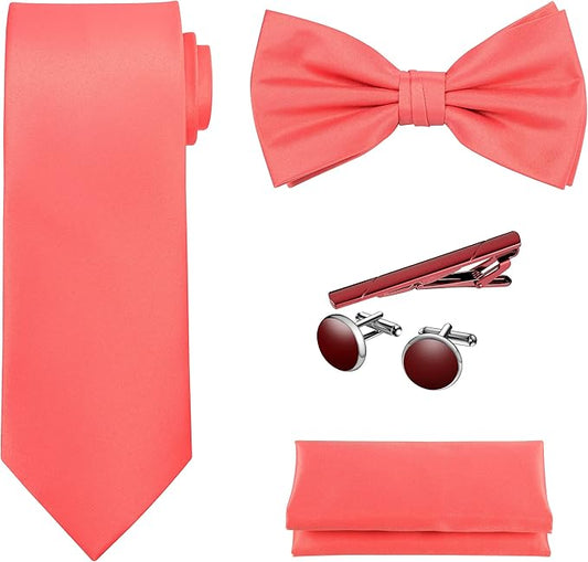 TIE G 5pcs Tie Set in WHITE OR BLACK GIFT BOX: Solid Color Necktie, Satin Bow Tie, Pocket Square, Lapel, Cuff Links