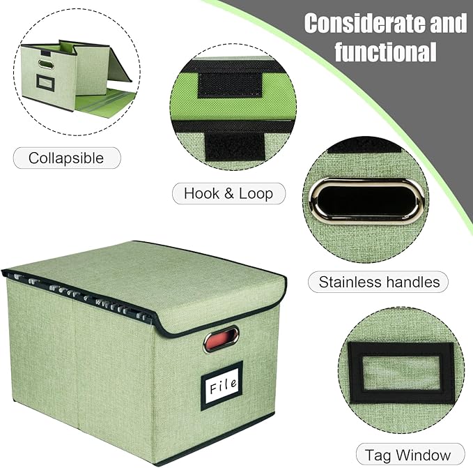Collapsible File Organizer Box, filing Storage boxes for hanging files with lid, Linen Portable file folder box with handle, Decorative Document Storage Bin for Office/Home/School/Décor(Green)