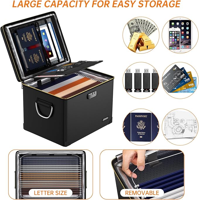 Fireproof Document Box with Fireproof Zipper,Hard Case Fireproof File Box with Lock,Insulated Non-Foldable Fireproof File Cabinet Large Portable Home Office File Organizer for Hanging Letter Folders