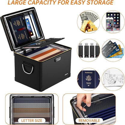 Fireproof Document Box with Fireproof Zipper,Hard Case Fireproof File Box with Lock,Insulated Non-Foldable Fireproof File Cabinet Large Portable Home Office File Organizer for Hanging Letter Folders