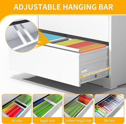 File Cabinet with Lock, 4 Drawer Lateral Filing Cabinet for Home Office, White Metal Heavy Duty File Cabinets for Hanging Letter/Legal/F4/A4 Size Files, Assembly Required