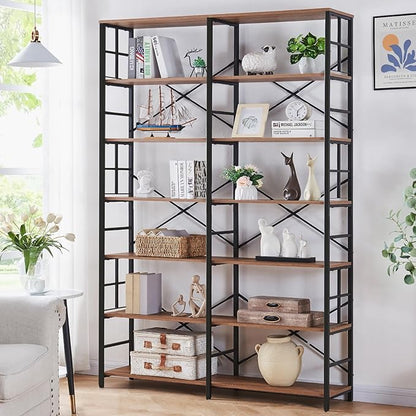 HOMISSUE Bookshelf, Industrial Double Wide 7-Tier Bookshelves, 84" Tall Bookcase with Open Shelves, Heavy Duty Bookcases with Storage for Living Room Home Office, Rustic Brown