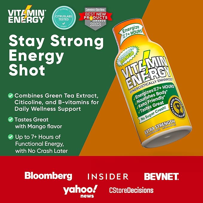 Vitamin Energy Immune+ Extra Strength Energy Shot Mango 12 Pack, 260mg Natural Caffeine, B-Vitamins, Citicoline, Green Tea, Immunity & Focus Support, Zero Sugar, Gluten-Free 1.93 fl oz