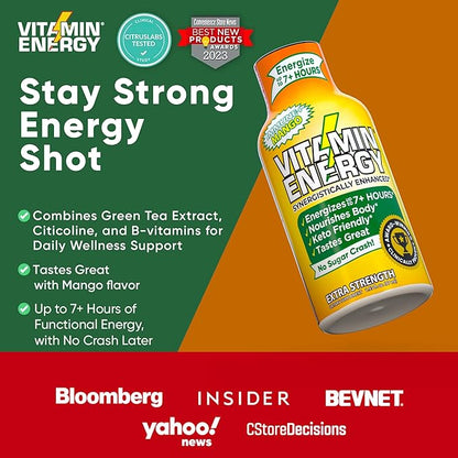 Vitamin Energy Immune+ Extra Strength Energy Shot Mango 8 Pack, 260mg Natural Caffeine, B-Vitamins, Citicoline, Green Tea, Immunity & Focus Support, Zero Sugar, Gluten-Free 1.93 fl oz