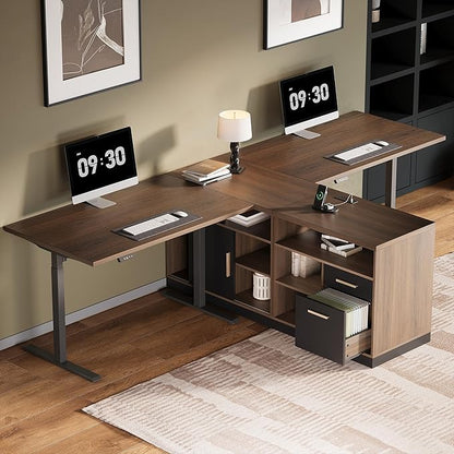 Home Office Furniture Set, 114" Standing Desk with 2 File Cabinets, AC/USB, Extra Long Double Desk for 2 Person, Electric Height Adjustable for Home and Office, Black Walnut