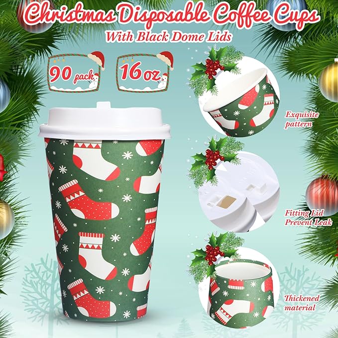Yaomiao 90 Pack 16 oz Christmas Disposable Coffee Cups with Lids Bulk Christmas Paper Cups for Hot Cocoa Chocolate Tea Beverage Drinking, Xmas Holiday Winter Party Supplies