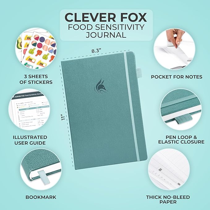 Clever Fox Food Sensitivity Journal Large – Daily Intolerance & Symptom Log for IBS, Diabetic, Low Fodmap, Elimination Diet – Health Tracker, 8.3x11” (Aquamarine)