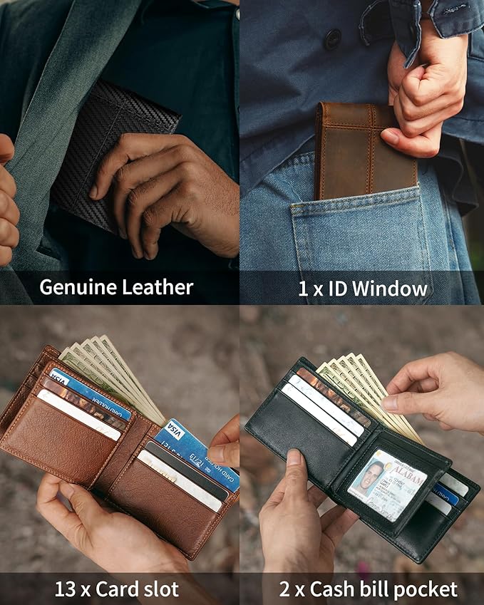 Mens Wallet Bifold Genuine Leather RFID Blocking Wallet for Men with 1 ID Window 13 Card Holders 2 cash pockets 1 Gift Box