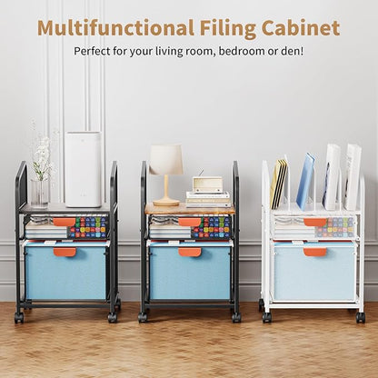 Marbrasse Rolling File Cart with Adjustable Dividers, Mobile File Cabinet on Lockable Wheels, Office Filing Cabinet Organizer, Hanging File Folder Organizer for Home Office - Black