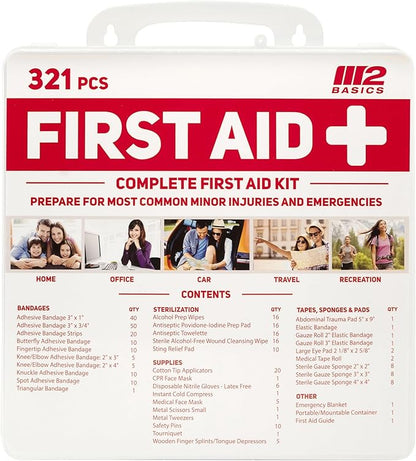 M2 BASICS Premium 321 Piece First Aid Kit - First Aid Kit for Home, Car, Business, Office, School, Travel, Camping, Outdoors - Emergency Medical Supplies, Durable Portable Hard Case