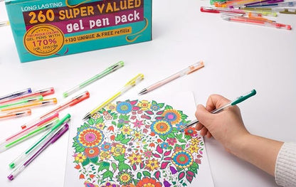 feela Gel Pens Set, 260 Pack 130 Colored Gel Pens Plus 130 Refills for Adult Coloring Books Drawing Kid Doodling Writing Sketching Highlighter Art Markers