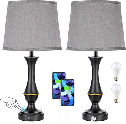 Seealle Upgraded Touch Lamps for Bedrooms Set of 2 - Nightstand Table Lamp with USB C+A, 3 Way Dimmable Lamps for Living Room(Grey)