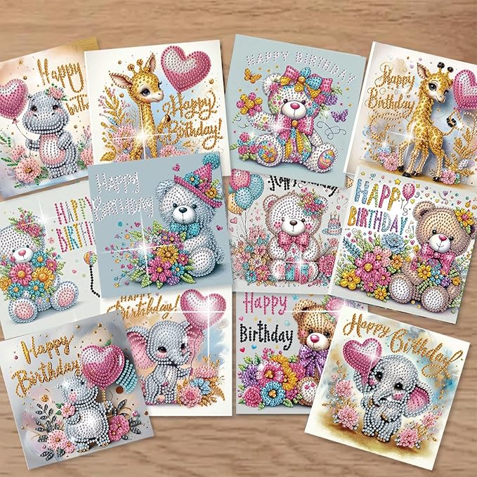 jinglinhh 12pcs Diamond Art Painting Birthday Bear Elephant Giraffe Flower Balloon Greeting Cards with Envelopes, DIY Card Making Kits for Adults, Diamond Art Postcards Christmas Cards Craft Gifts