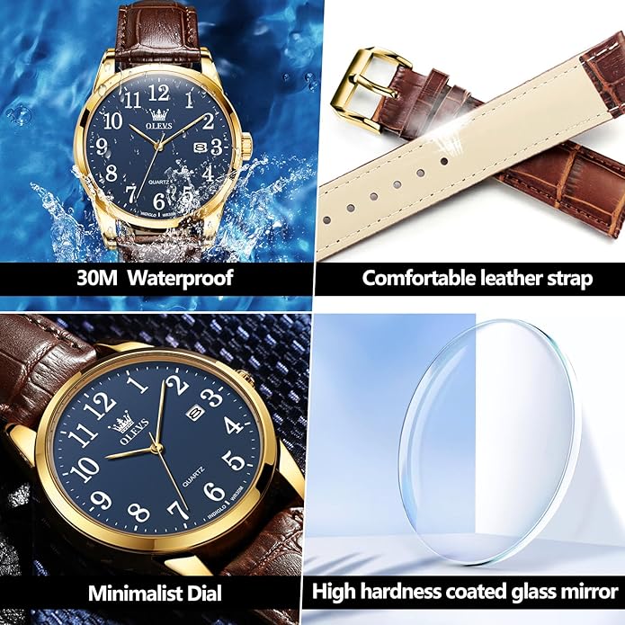 OLEVS Watch Men Mens Watches Watches for Men Leather Band Classic Brown Leather Watch Men, Analog Watch Men, Black Mens Leather Watch, Dress Waterproof Large Face Mens Watch,Relojes para Hombres Watch