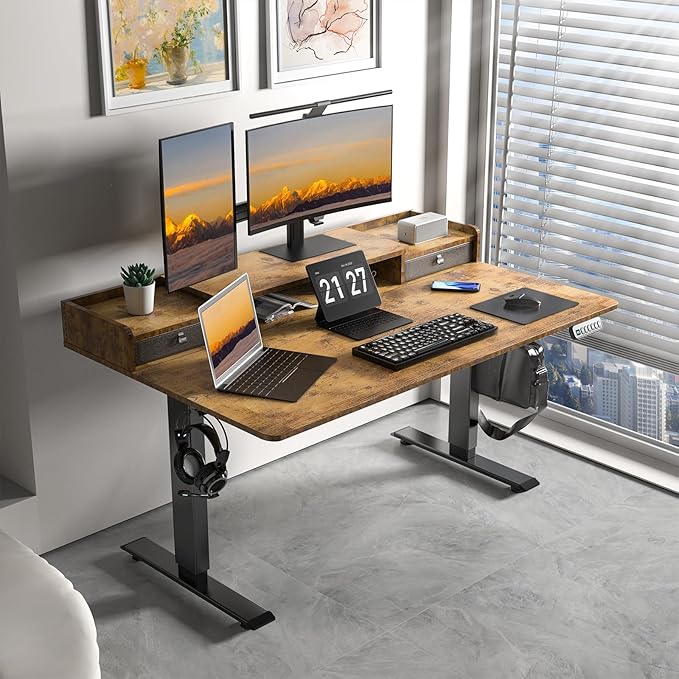 55 x 30 Inch Standing Desk with 2 Drawers, Adjustable Height Widened Stand Up Desk with Storage, Sit to Stand Ergonomic Workstation for Home Office, Rustic Brown