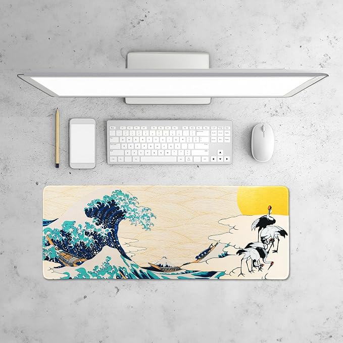 BELLEMOND Japanese Art Desk Mat | Large 31.5x11.8in Desk Pad | Mouse Pad for Keyboard & Mouse | Non-Slip Base, Water-Repellent, Smooth Precision | Waves of Harmony
