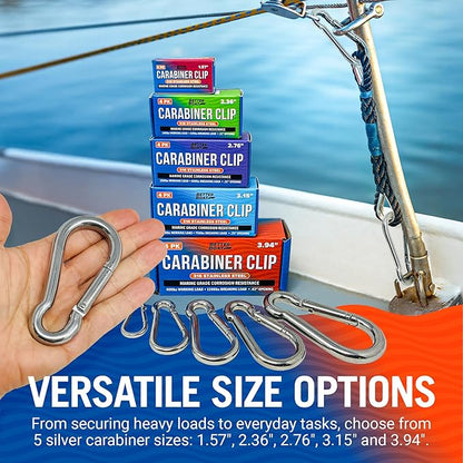 Stainless Steel Carabiner Clip, 4 Pack, 316 Marine Grade, Heavy Duty Spring Snap Hooks, Mini and Large Sizes, 2" to 4" Options
