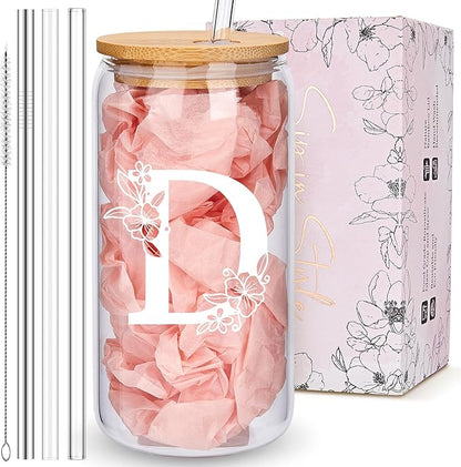 Personalized Tumbler, Monogrammed Can Glass Cups with Bamboo Lids and Straws, Customized Gifts for Women, Cute Design Initial Iced Coffee glasses, Custom Letter Mug, Birthday Bridesmaid, D