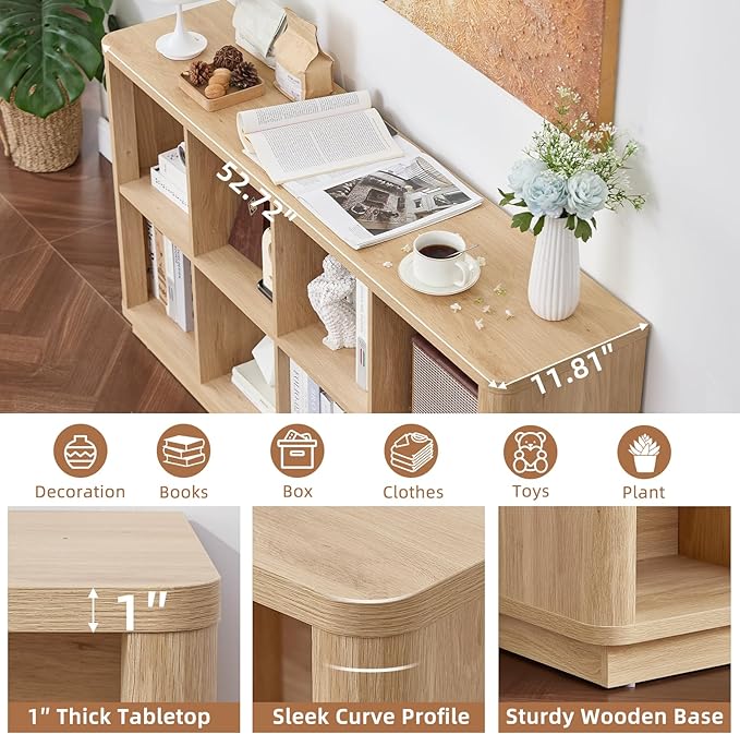 8 Cube Storage Book Shelf, 52" Long Horizontal Bookshelf with Curved Edge, Floor Standing Wooden Cubby Bookcase with Base, Modern Low Console Book Case, TV Stand for Living Room, Natural Oak