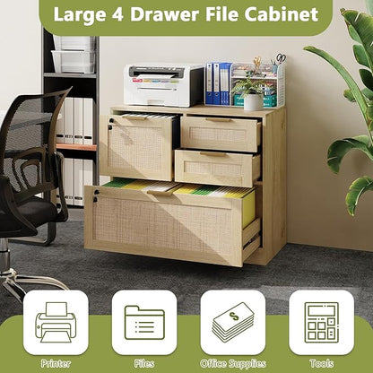 HOPUBUY Lockable 4 Drawers File Cabinet, Lateral Filing Cabinet with Printer Stand for Home Office and School, Wood Rattan File Cabinet for Hanging Files/Letter/Legal/A4/F4 Size, Oak Color (Oak)