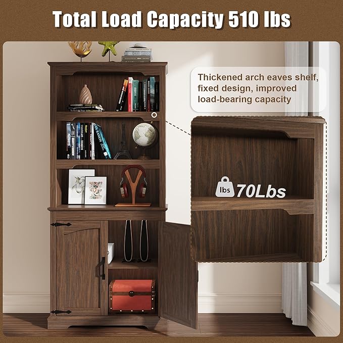 Tall Bookcase, 70 inch Height, 5-Tier Open Storage Shelf, 31.5 in Wide Standing Bookshelves for Home, Office, Bedroom, School, Library, 31.5W * 11.81D *70H (Walnut, Wooden Door)