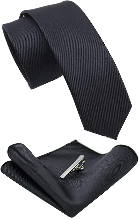 JEMYGINS 2.4" Solid Color Skinny Tie and Pocket Square with Tie Clip Sets for Men (6cm)