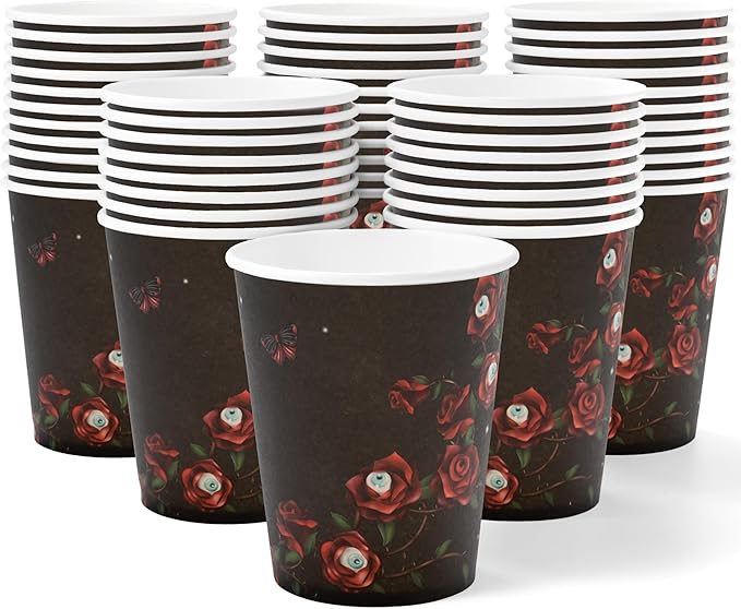 Cheerland Halloween Disposable Paper Cups Red Rose Eyeball Skull Skeleton Disposable Tableware for Halloween Gothic Spooky Birthday Celebration Emo Party Supplies 50pcs