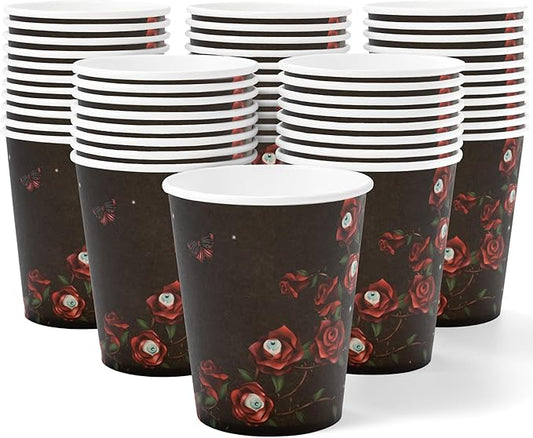 Cheerland Halloween Disposable Paper Cups Red Rose Eyeball Skull Skeleton Disposable Tableware for Halloween Gothic Spooky Birthday Celebration Emo Party Supplies 50pcs