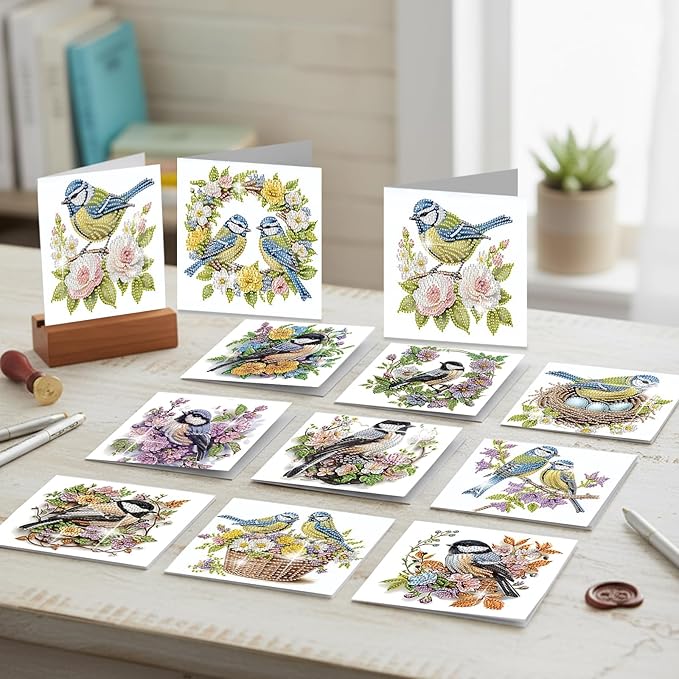 jinglinhh 12pcs Diamond Art Painting Bluebird Flower and Bird Nest Greeting Cards with Envelopes, DIY Card Making Kits for Adults, Diamond Art Postcards Christmas Cards Craft Gifts