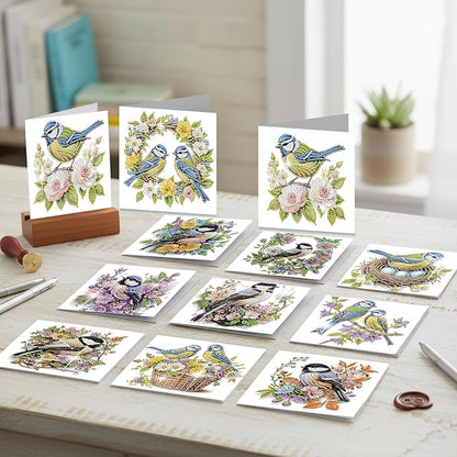 jinglinhh 12pcs Diamond Art Painting Bluebird Flower and Bird Nest Greeting Cards with Envelopes, DIY Card Making Kits for Adults, Diamond Art Postcards Christmas Cards Craft Gifts
