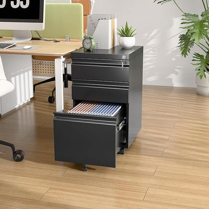 SUXXAN 3 Drawer Under Desk Mobile File Cabinet with Lock, Metal Storage Cabinet for Office & Home, Legal/Letter Size, Fully Assembled Except Wheels, Black