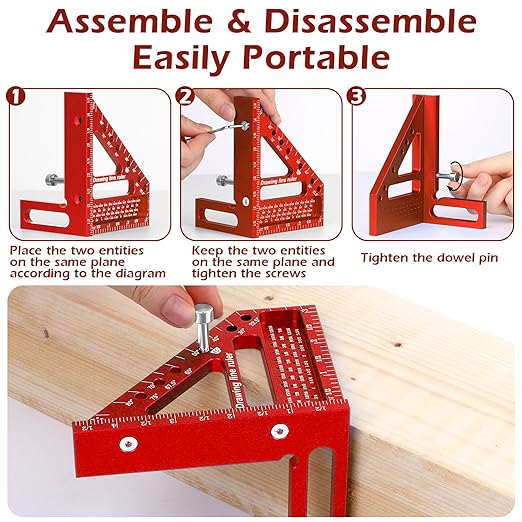 3D Multi-Angle Measuring Ruler -Precision Woodworking 3D Square Protractor 22.5-90 Degree and Miter Triangle Ruler - Aluminum Alloy Drawing Line Ruler for Engineer Carpenter and Craftsmen Red…
