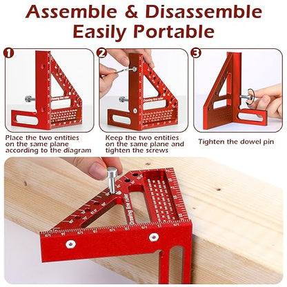 3D Multi-Angle Measuring Ruler -Precision Woodworking 3D Square Protractor 22.5-90 Degree and Miter Triangle Ruler - Aluminum Alloy Drawing Line Ruler for Engineer Carpenter and Craftsmen Red…