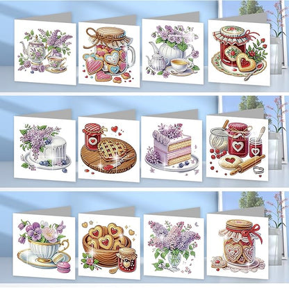 jinglinhh 12pcs Valentine's Day Diamond Art Painting Love Heart Cookies Cakes Afternoon Tea Flowers Greeting Cards with Envelopes, DIY Card Making Kits for Adults, Diamond Art Birthday Holiday Cards Craft Gifts