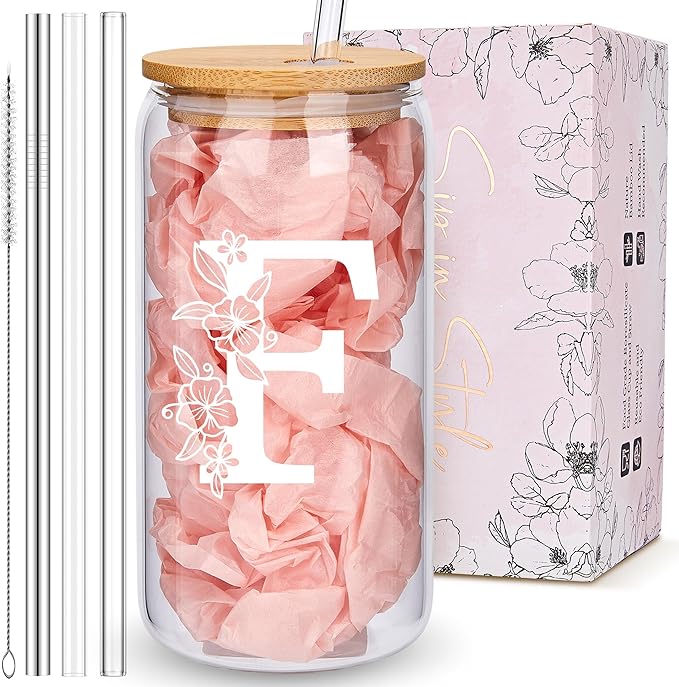 Personalized Tumbler, Monogrammed Can Glass Cups with Bamboo Lids and Straws, Customized Gifts for Women, Cute Design Initial Iced Coffee glasses, Custom Letter Mug, Birthday Bridesmaid, F