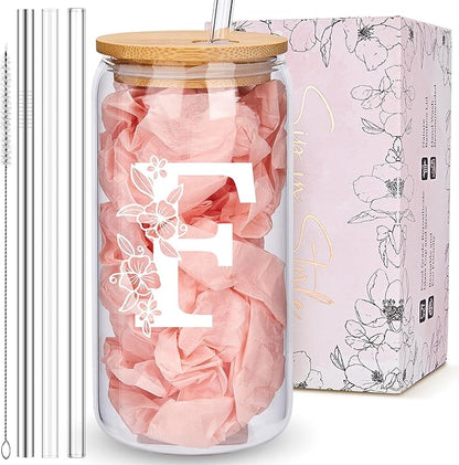 Personalized Tumbler, Monogrammed Can Glass Cups with Bamboo Lids and Straws, Customized Gifts for Women, Cute Design Initial Iced Coffee glasses, Custom Letter Mug, Birthday Bridesmaid, F